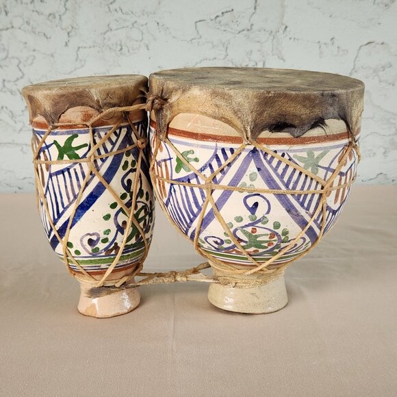 Moroccan Hand-Painted Ceramic Bongo Drums with Goat Hide – Handmade Folk Art - Picture 2 of 16
